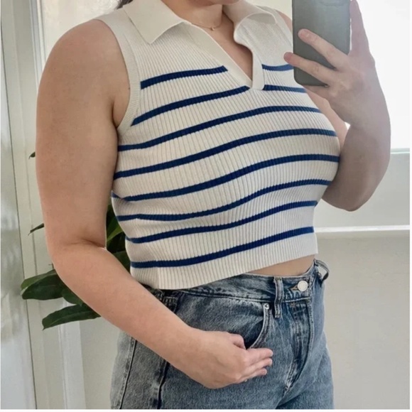 Rib-Knit Crop Polo Hipster Preppy Collared Sailor Ocean Vaca Classy Sweater Top - Picture 10 of 10